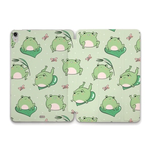 May include: A green and white phone case with a repeating pattern of frogs, butterflies, and reeds. The case is designed to fit a tablet or phone.
