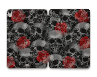 Goth iPad case Horror Aesthetic Skulls Pattern iPad 10.2 Air 5 4 10.9 iPad Pro 12.9 11 Mini 6 iPad 9.7 10.5 Red Roses Halloween Trendy case