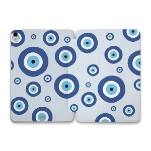 May include: A blue and white patterned iPad case with a repeating design of evil eyes. The case is made of a soft, durable material and has a built-in stand for hands-free viewing.