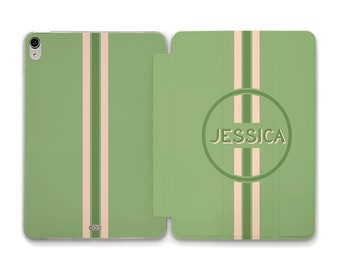 Name iPad case Retro personalized green iPad 10th 9th 10.2 Air 5 10.9 Pro 12.9 11 Mini 6th Aesthetic custom Trendy stripes Pastel cover