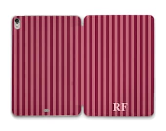 Initials iPad case Personalized monogram Custom iPad 11th a16 10th Air 11 13 Pro 12.9 Mini 7 a17 Aesthetic dark red pink stripes Girly case