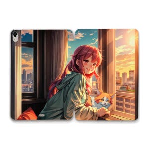 Japanese iPad case Anime art Cute iPad 11th 10th 9th iPad Air 11 13 m2 m3 10.9 Pro 12.9 Mini 7 Kawaii girl with cat Aesthetic trendy case