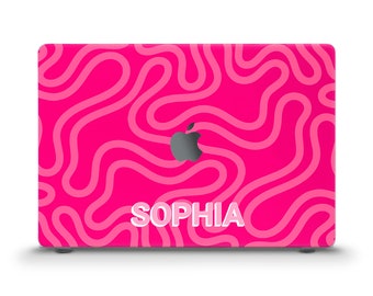 Naam MacBook case Gepersonaliseerde trendy aangepaste MacBook Air 13 Air 15 M2 Pro 13 MacBook Pro 14 Pro 16 Esthetische abstracte lijntekeningen Hot pink case