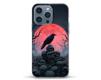 Etui na iPhone'a w stylu gotyckim z czaszkami i krukiem, na iPhone'a 16 15 Pro, iPhone'a 14, iPhone'a 13 12, Galaxy S24 S23, czarnego ptaka w stylu gotyckim, z czerwonym księżycem, z przerażającą nutą