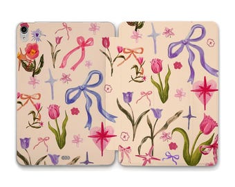 Bows iPad case Cute tulip flowers iPad 11th a16 10th iPad Air 11 13 inch 10.9 Pro 12.9 Mini a17 Aesthetic floral kawaii case for teen girls