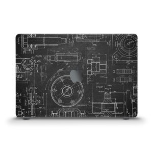 May include: A black laptop skin with a white blueprint design. The design features various mechanical parts and tools, including gears, bolts, and pipes. The Apple logo is visible in the center of the skin.