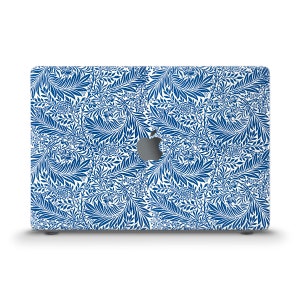May include: A white laptop case with a blue floral pattern. The case has a cut-out for the Apple logo.