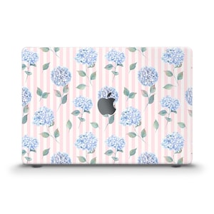Aesthetic MacBook case Blue hydrangea flowers MacBook Air 13 15 M2 M3 M4 Pro 13 14 16 Cute pink stripes Floral girly pattern Trendy case