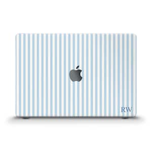 May include: A laptop case featuring a light blue and white striped pattern. The Apple logo is visible in the center, with the initials "RW" in the lower right corner. The case is designed to fit a laptop and provides a stylish, protective cover.