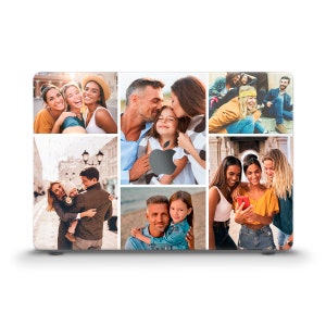 May include: A collage of photos featuring a family of five. The photos show the family members in various settings, including a beach, a city street, and a park. The photos are arranged in a grid pattern, with each photo having a white border.