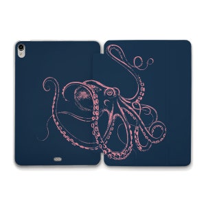 May include: A navy blue tablet case with a pink octopus illustration. The octopus design is a detailed line drawing, with tentacles extending across the case. The case is open, showing the tablet screen and the inside cover.