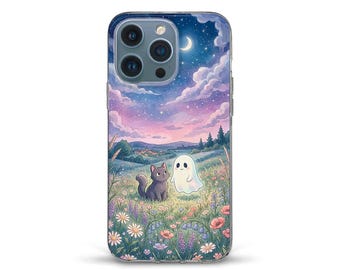 Cute iPhone case for Halloween Cat Ghost iPhone 18 17 16 15 14 13 12 Galaxy s25 s24 Trendy kawaii cartoon design Flower Nature Night cover
