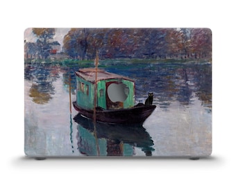 Monet MacBook case Vintage painting Aesthetic MacBook Air 13 15 inch M5 M4 Pro 13 14 16 Art Boat with black cat Nature Elegant artsy case