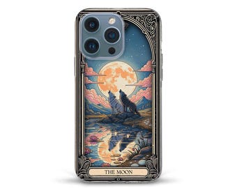 Tarot iPhone case The Moon card Aesthetic iPhone 18 17 16 15 14 13 12 Galaxy s25 s24 Tarot card with wolves Trendy mystical design cover