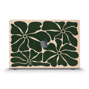 May include: A laptop case featuring a floral design. The case has a light beige background with large, dark green flowers. The Apple logo is visible in the center. The design is modern and eye-catching.