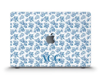 Initials MacBook case Aesthetic monogram Custom MacBook Air 13 Air 15 M2 M3 Pro 13 14 16 inch Cute blue flowers Personalized coquette case