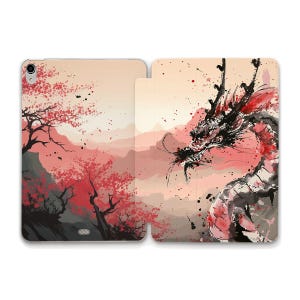 Dragon iPad case Japanese art for men iPad 11th a16 10th iPad Air 11 13 Pro 12.9 Mini a17 Aesthetic dragon Red mountains trees Asian case