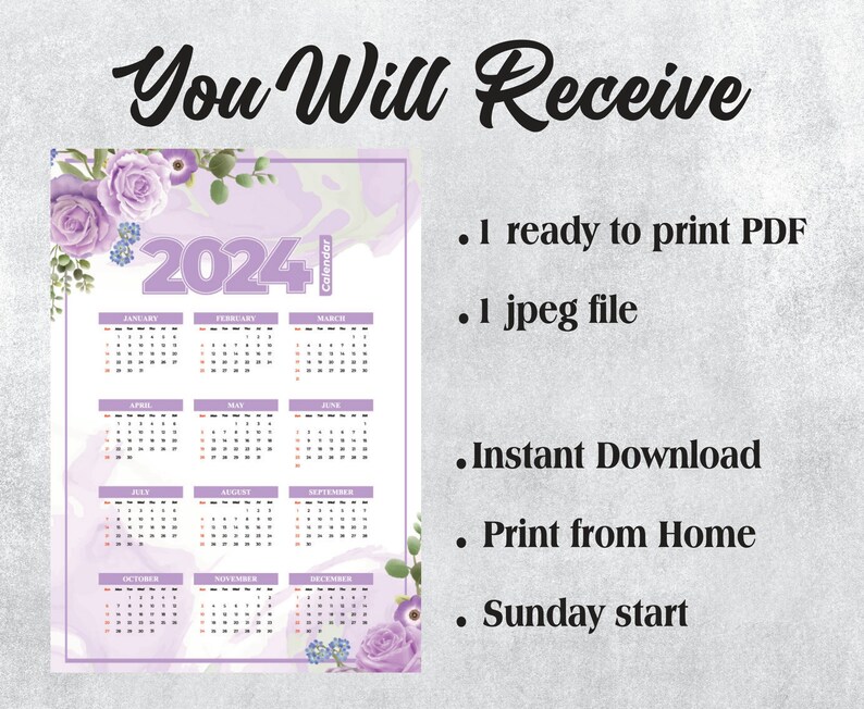 Yearly Printable Calendar 2024 Flower Design 2024 Calendar Etsy