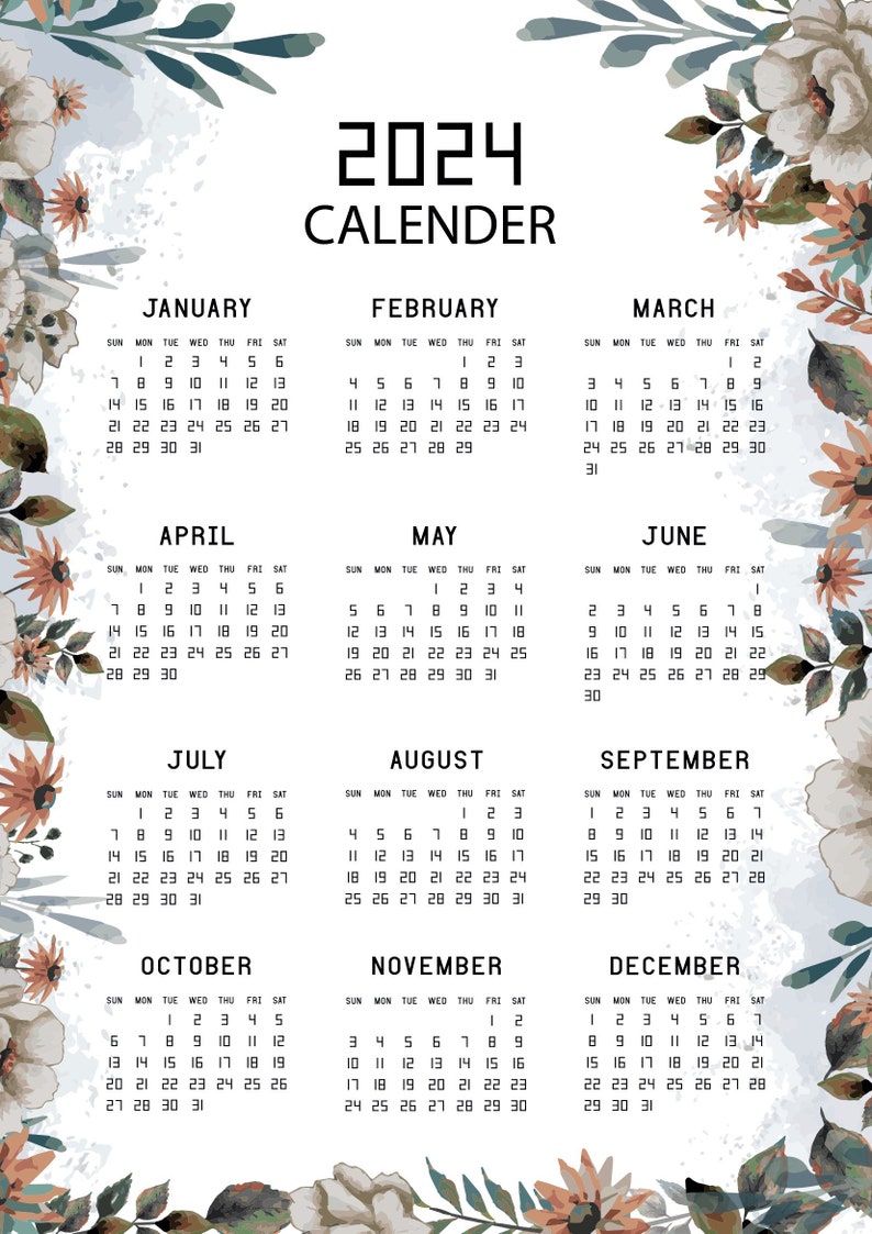Yearly Printable Calendar 2024, Flower Design, 2024 Calendar, Year at a