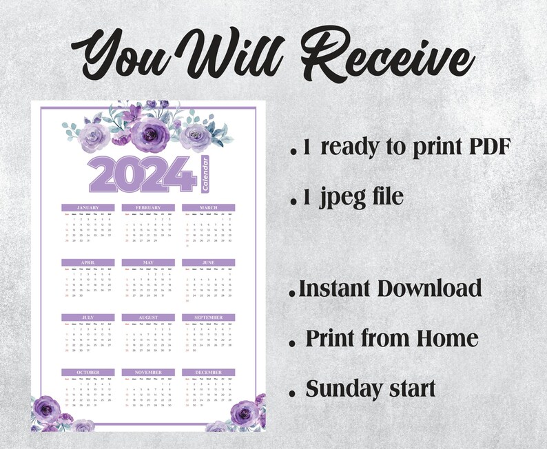 Yearly Printable Calendar 2024, Flower Design, 2024 Calendar, Year at a