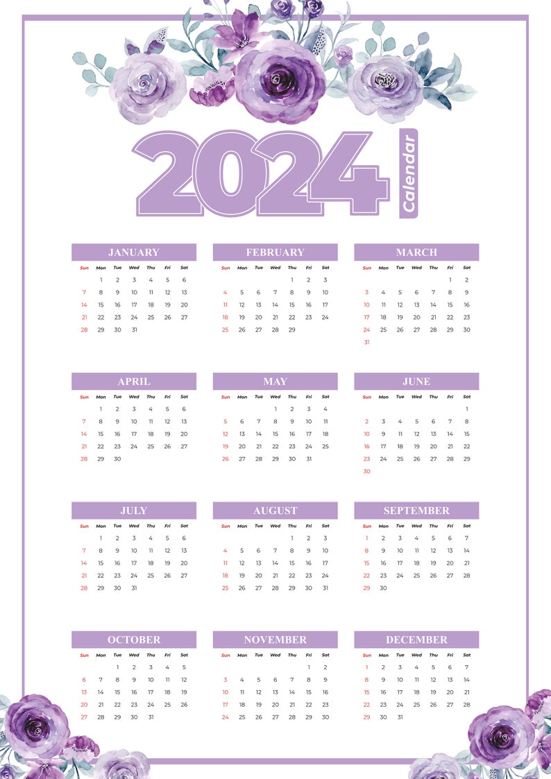 Yearly Printable Calendar 2024, Flower Design, 2024 Calendar, Year at a