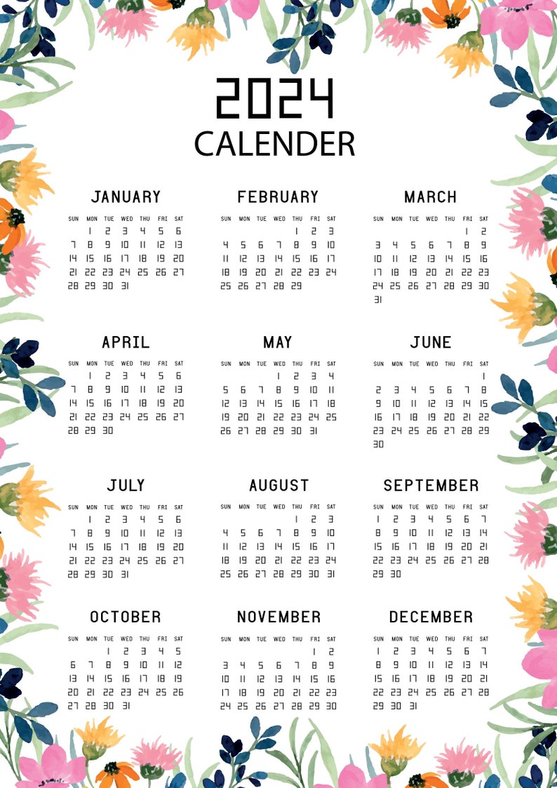 Yearly Printable Calendar 2024, Flower Design, 2024 Calendar, Year at a 