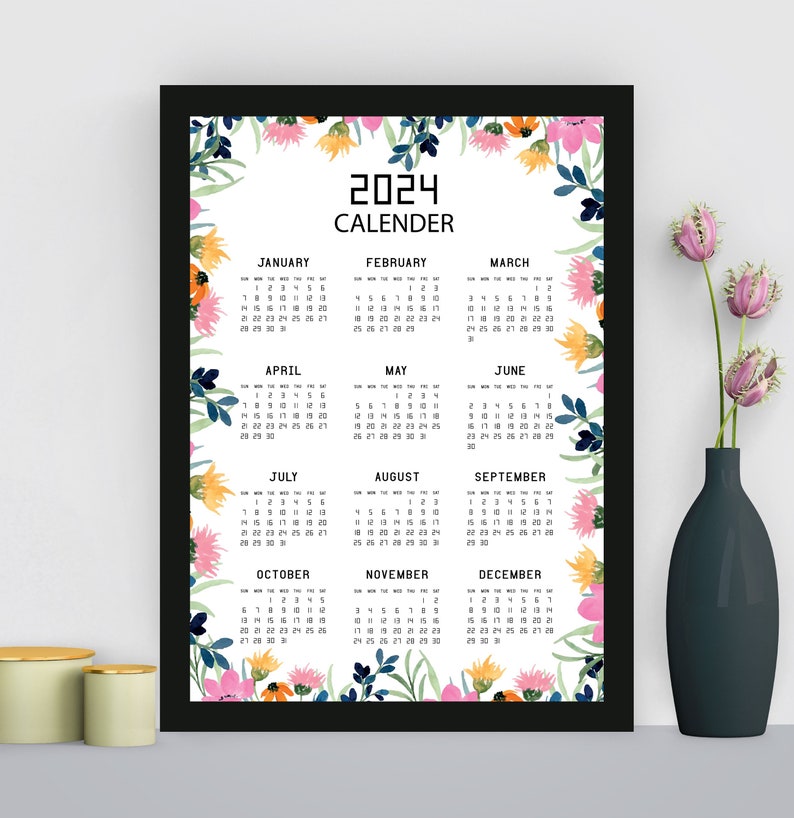 Yearly Printable Calendar 2024 Flower Design 2024 Calendar Etsy