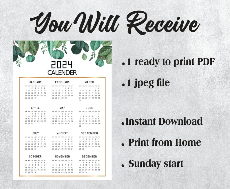 Yearly Printable Calendar 2024, Flower Design, 2024 Calendar, Year at a