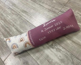Geburtskissen mit Originalgewicht Länge Gewicht „Regenbogen“ Kissen Baby Geschenk Erinnerung Taufe Geburtstag Waffelpique
