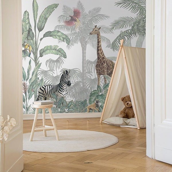 Papier peint panoramique enfant Jungle Tropicale et Animaux - "Savana"