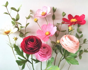 Customizable crepe paper ranunculus and cosmos with handmade stem and leaves, colorful summer flowers for centerpieces and gifts