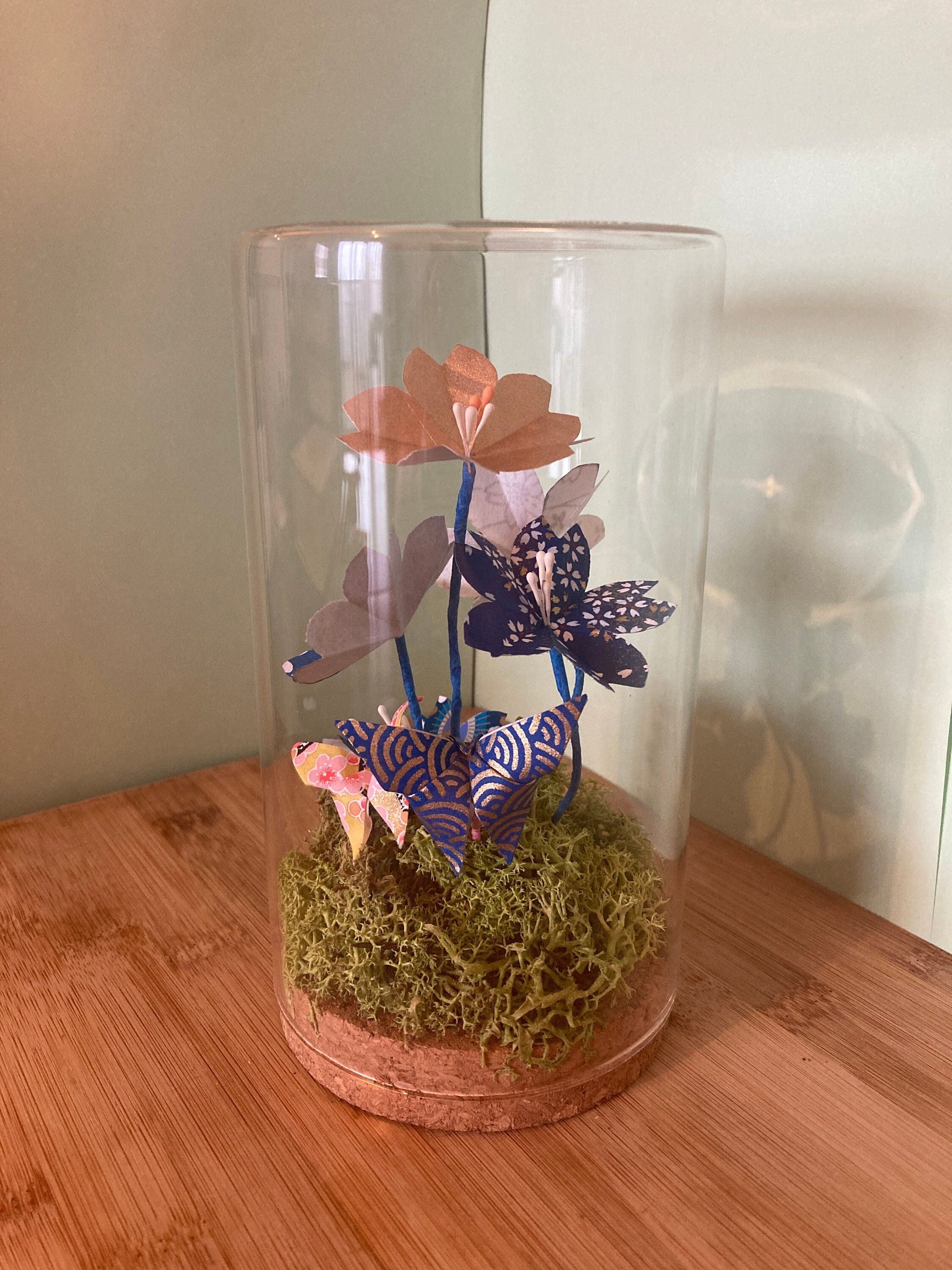 Fleurs en Origami Sakura Sous Cloche Verre Pour Décoration et Cadeau