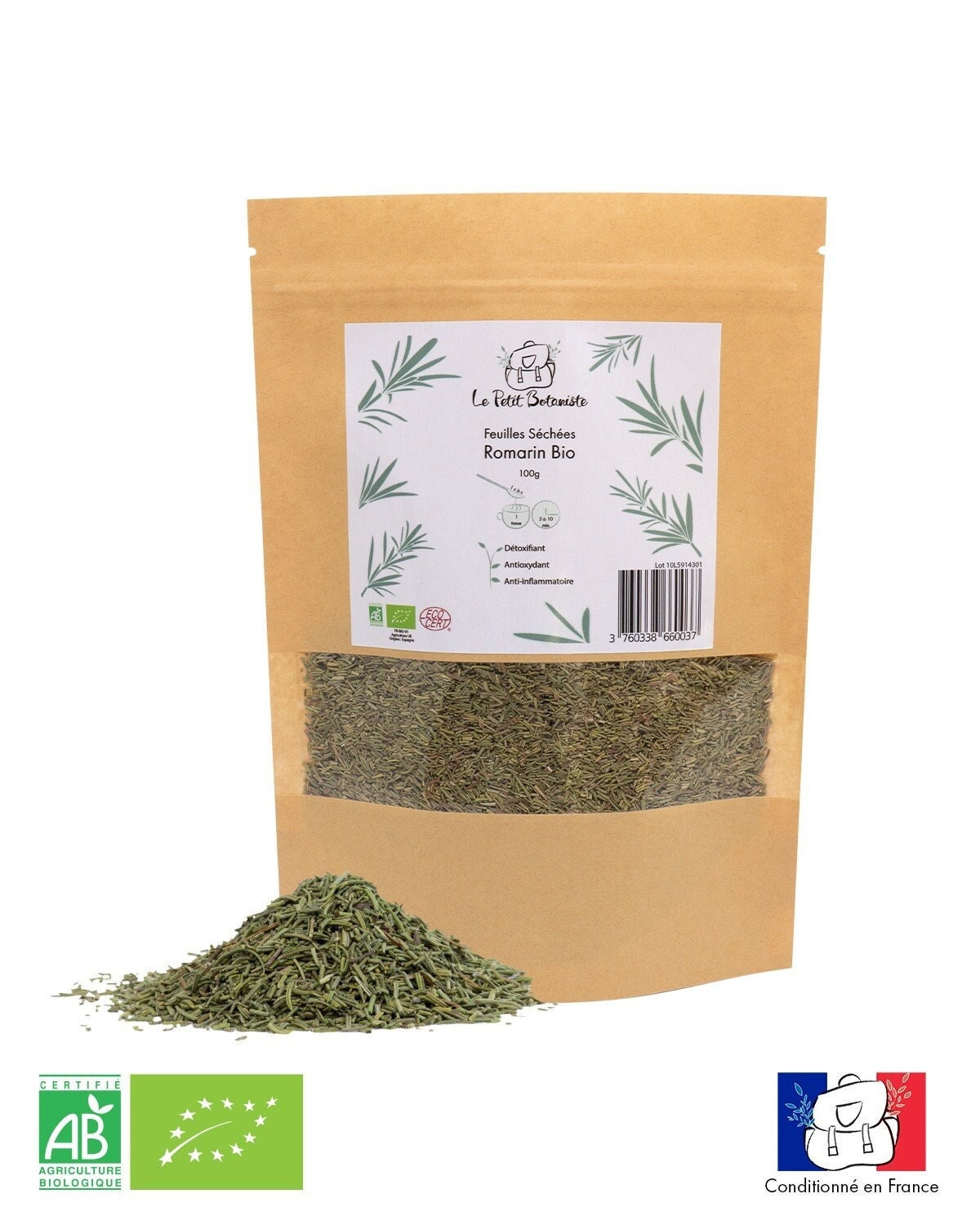 Romarin Bio- Feuilles Séchées - Le Petit Botaniste Marque Française Bio Ecocert 100% Naturelle 100G 