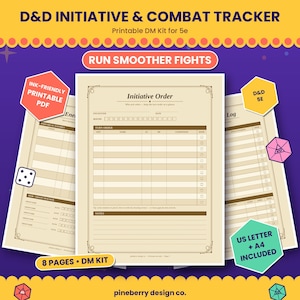 May include: A D&D Initiative & Combat Tracker printable DM kit for 5e featuring three beige paper sheets with dark brown text and grid lines. The sheets include sections for Initiative Order, Enemy Tracker, and Combat Log with checkboxes and notes.
