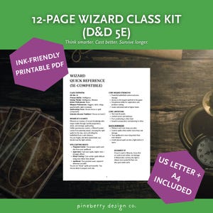 Puede incluir: Un kit de clase de mago de 12 páginas (D&D 5E) en PDF imprimible. El kit incluye una guía de referencia rápida, con texto sobre hechizos y descripción general de la clase. El kit también incluye una opción de tamaño US Letter y A4.