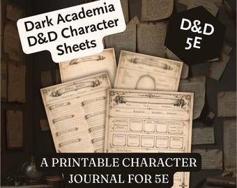 Dark Academia DnD-karaktärsblad | Utskrivbara 5e-journalsidor, färg och svartvitt bläck i PDF-format | Trollformelblad, utseende, anteckningar | Digital nedladdning