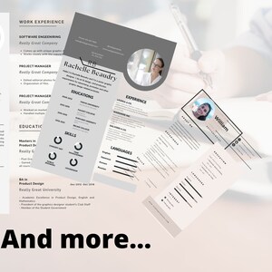 May include: A collection of professional resume templates in shades of gray and white, featuring headshots and sections for work experience, education, and skills. The phrase "And more..." is at the bottom.