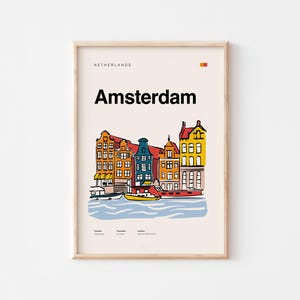 Affiche d'Amsterdam | Aucune IA utilisée | Illustration de ville minimaliste | Dessiné à la main