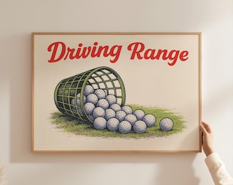 May include: A vintage-style illustration of a green basket overflowing with white golf balls. The text "Driving Range" is written in red letters above the basket.