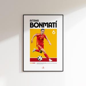 Plakat Aitany Bonmatí — minimalistyczna sztuka ścienna z motywem kobiecej piłki nożnej w Hiszpanii