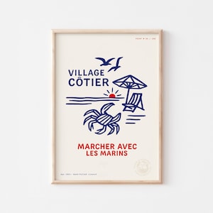 Póster costero de Village Côtier / Arte mural náutico francés / Impresión playera retro / Linograbado a mano / Descarga digital