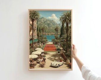 Vintage Tennis Court Print Mediterranean Coastal Wall Art