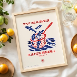Póster vintage de sardinas francesas, impresión retro estilo linograbado de mercado de pescado, arte mural rojo y azul, decoración de cocina imprimible, póster náutico francés.