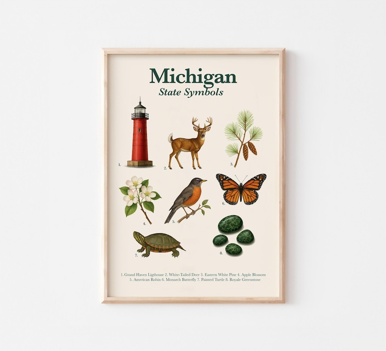 May include: A framed print featuring Michigan State Symbols. The print includes illustrations of a red lighthouse, a deer, a bird, a butterfly, and other natural elements. The title "Michigan State Symbols" is at the top.