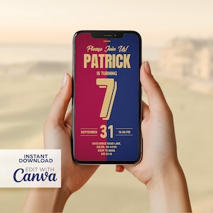 Convite digital de aniversário com tema Barcelona, modelo Canva personalizável
