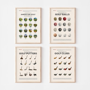 Könnte beinhalten: Vier gerahmte Poster mit Golfmotiven. Das obere linke Poster trägt den Titel "Legendary American Golf Courses" und zeigt Bilder von Golfplätzen. Das obere rechte Poster trägt den Titel "The Evolution of Golf Balls".