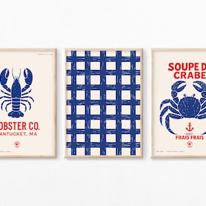Arte mural náutico para cocina / Impresiones linograbadas de langostas y cangrejos / Pósteres de mariscos de la costa francesa