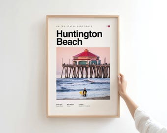 Minimalistisk surfposter i Huntington Beach – Väggkonst med kustmotiv i Kalifornien