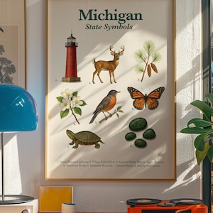May include: A framed print titled "Michigan State Symbols" features illustrations of a lighthouse, deer, pine, apple blossoms, a robin, a butterfly, a turtle, and greenstones. The print is displayed on a wall.