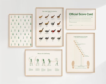 Golfmuurkunstset - minimaal vintage design - golfliefhebber cadeau en decor - digitale download